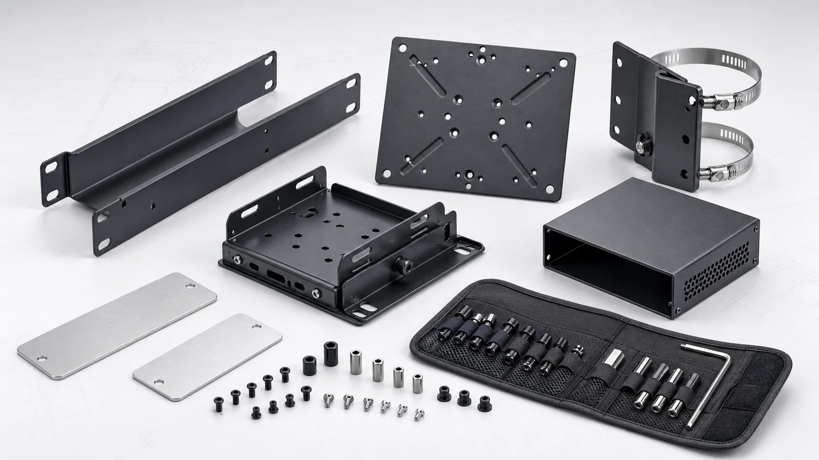 Concept visualization of custom rack ears, adapter plates, device mounts, camera brackets, an enclosure and installation hardware