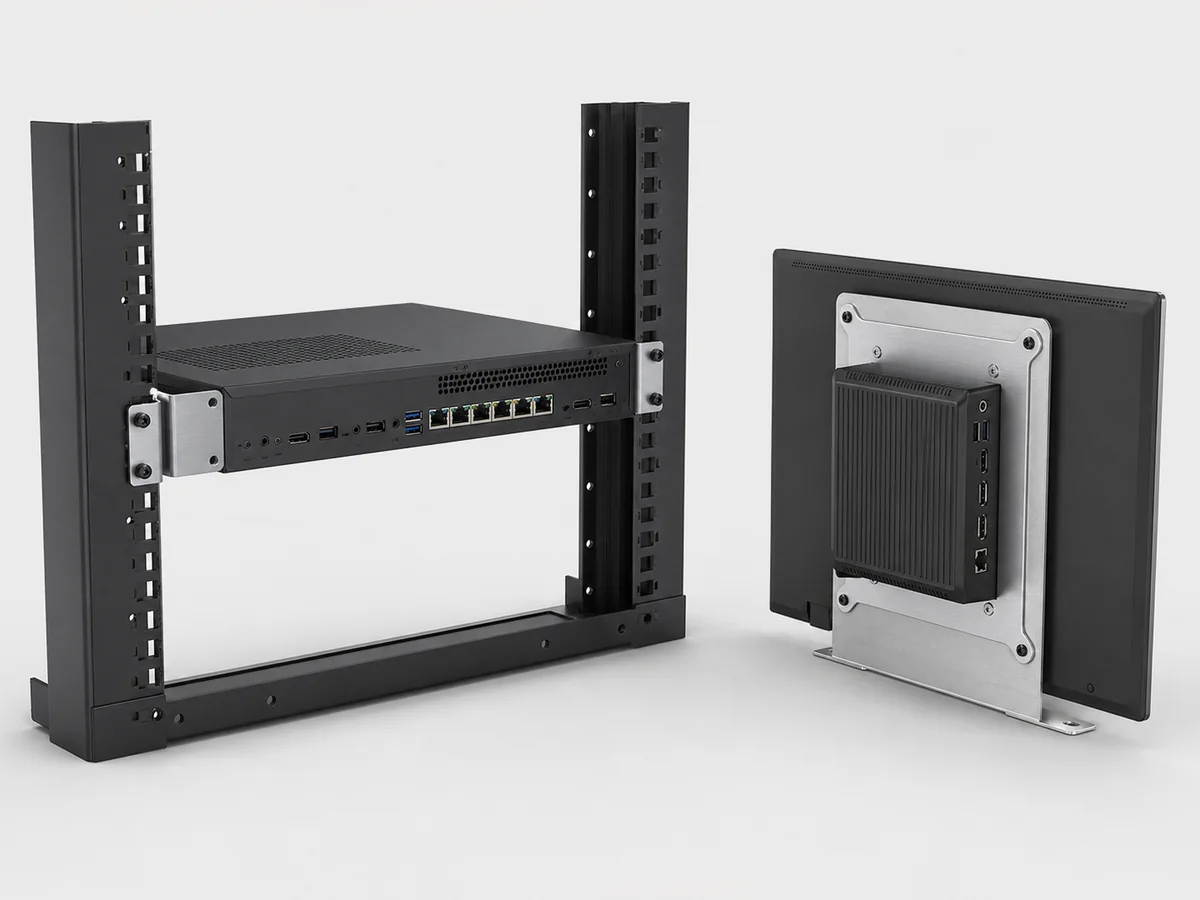 Concept visualization of custom rack ears and a VESA-mounted mini PC for AV and IT integration