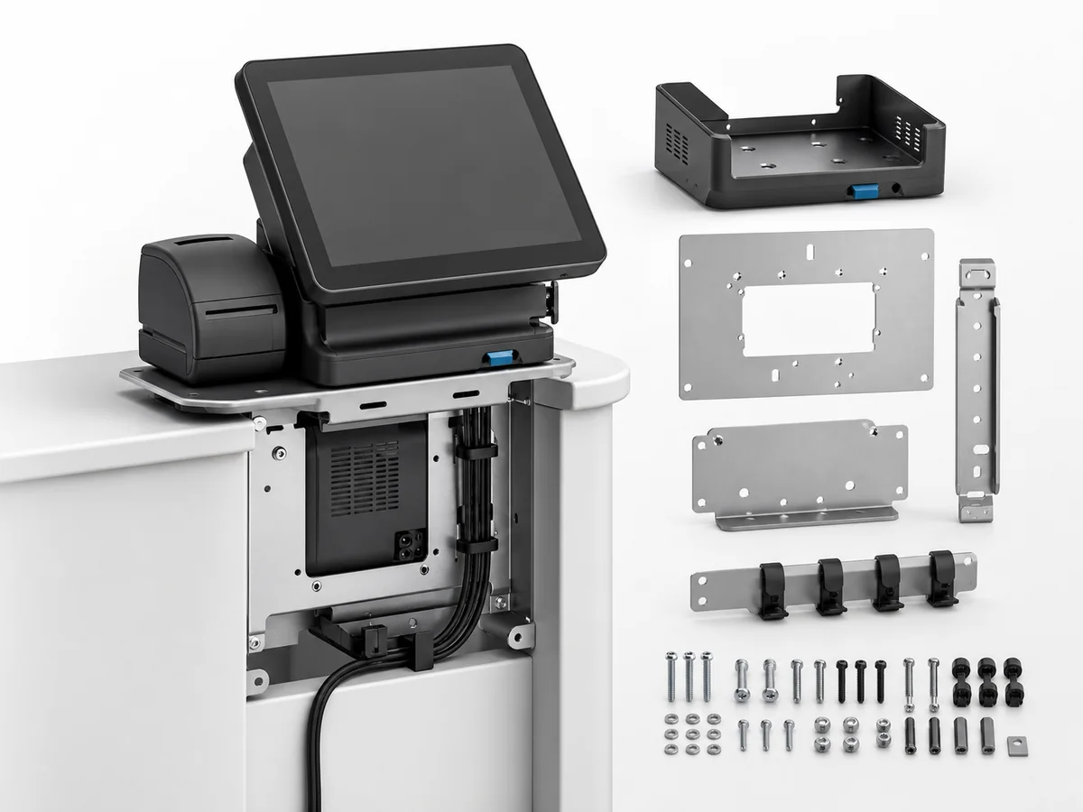Concept visualization of a custom POS and kiosk mounting assembly with panel and installation hardware