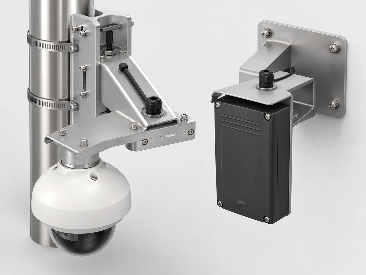 Concept visualization of custom camera and access-control mounting brackets for wall and pole installation