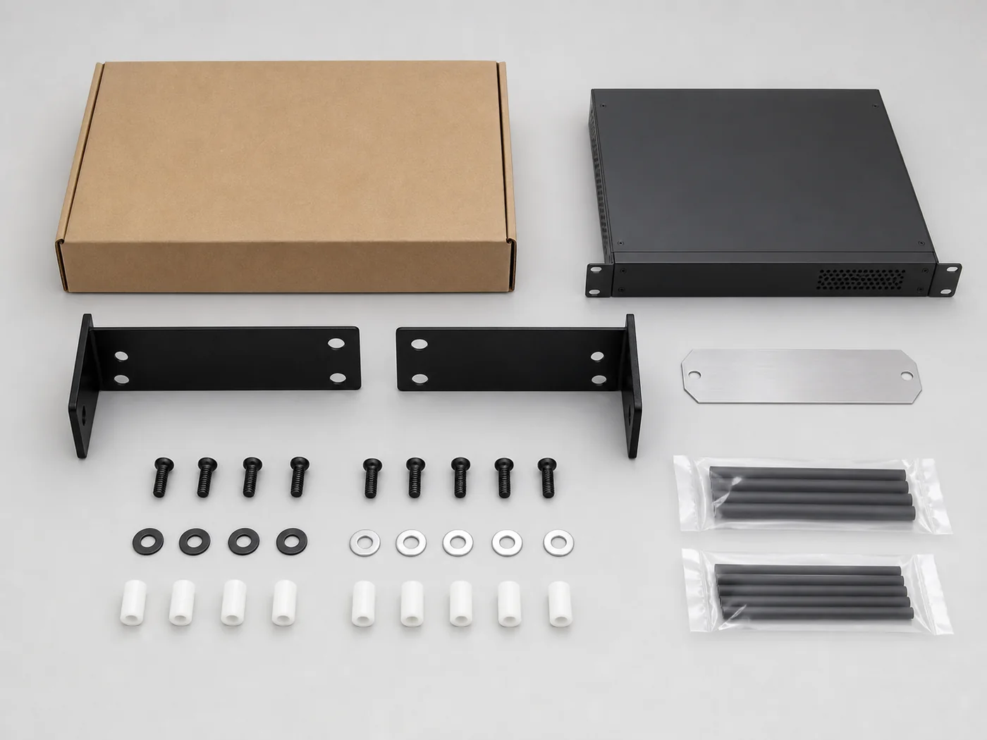 Sample application visualization of custom rack ears, fasteners, spacers and an identification label for a network appliance