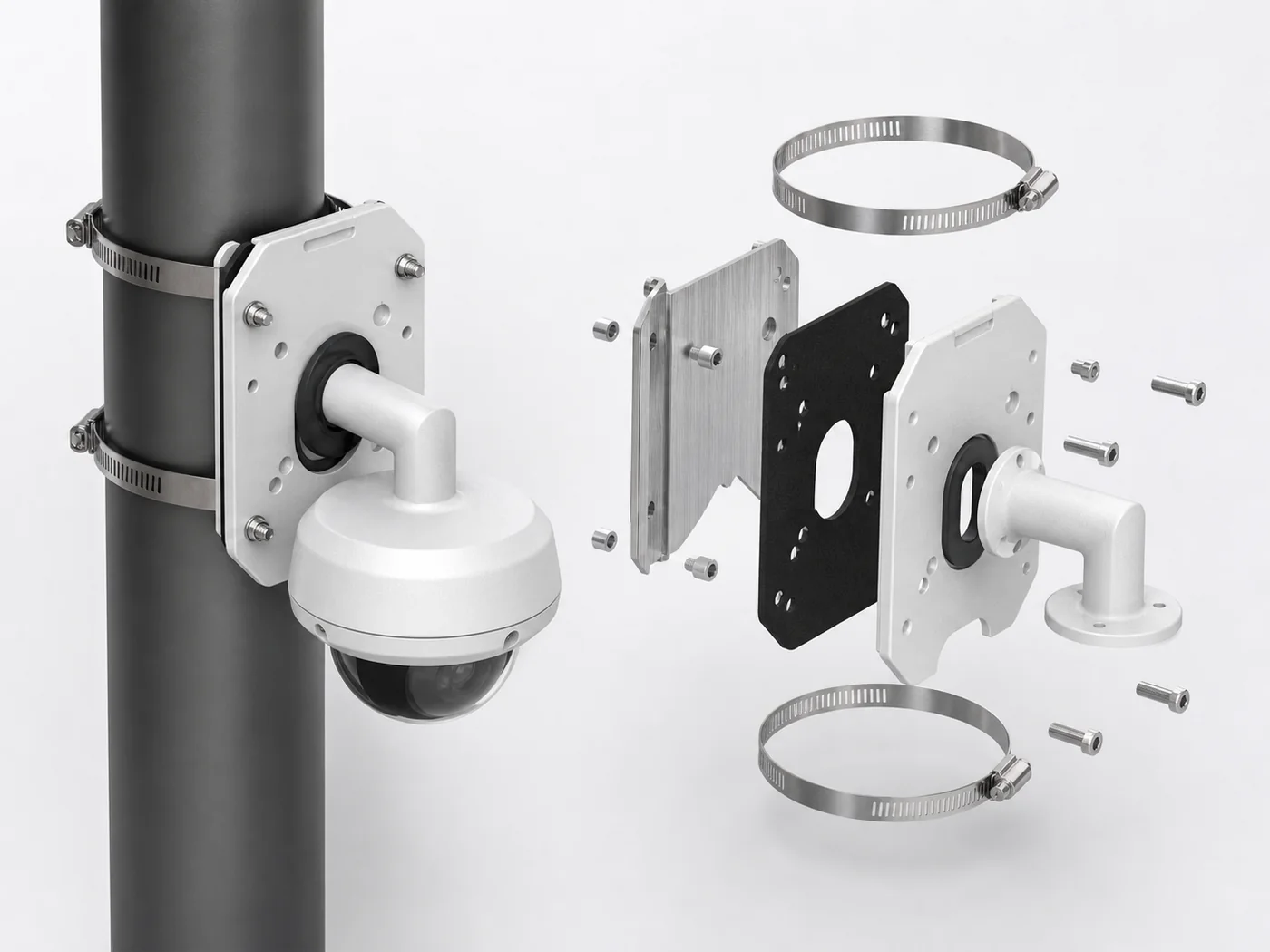 Sample application visualization of a custom pole adapter with clamps and cable routing for a security camera