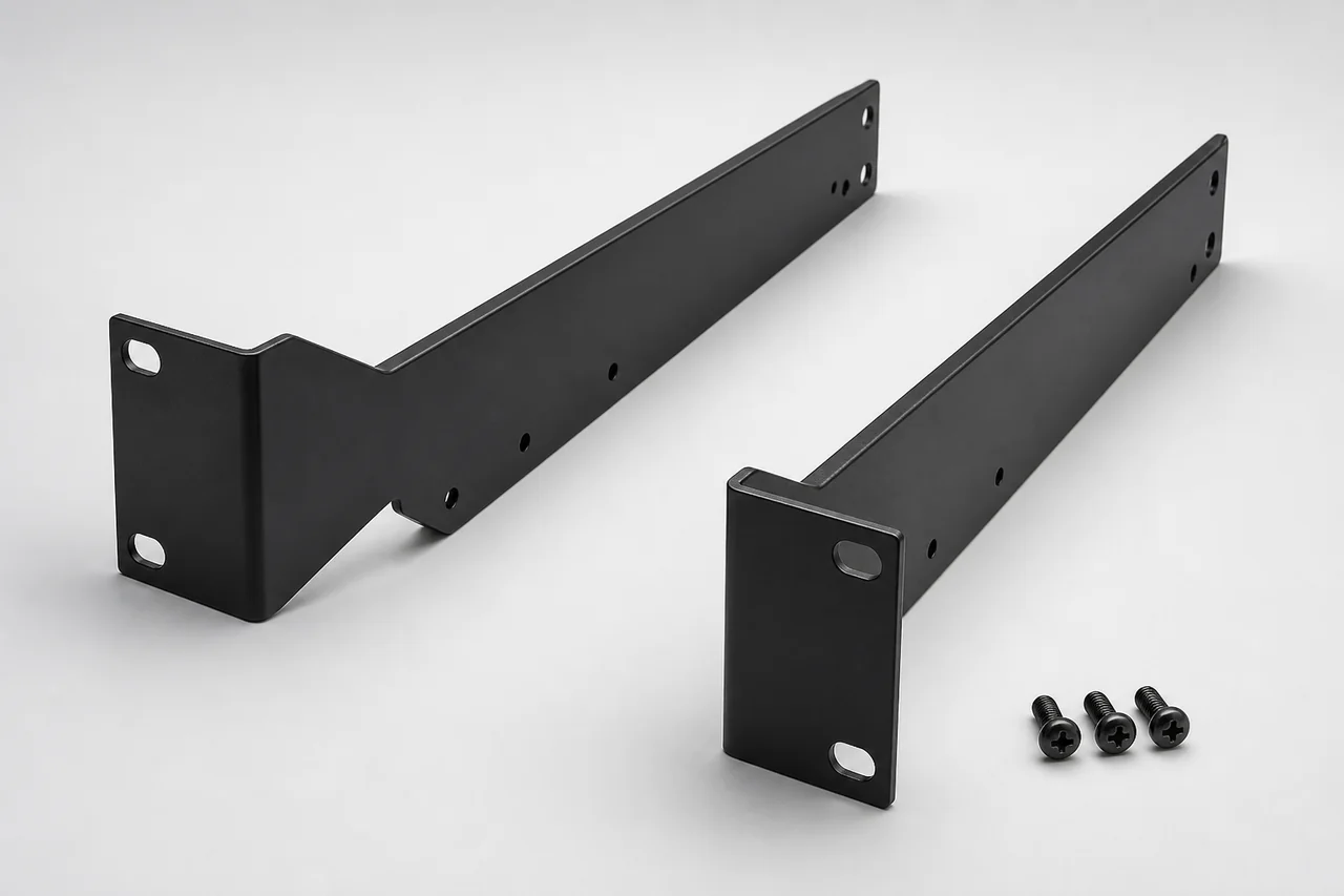 Concept visualization of a pair of custom metal rack ears for professional equipment