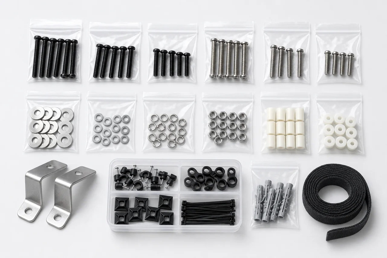 Concept visualization of an organized equipment installation kit with labeled hardware bags