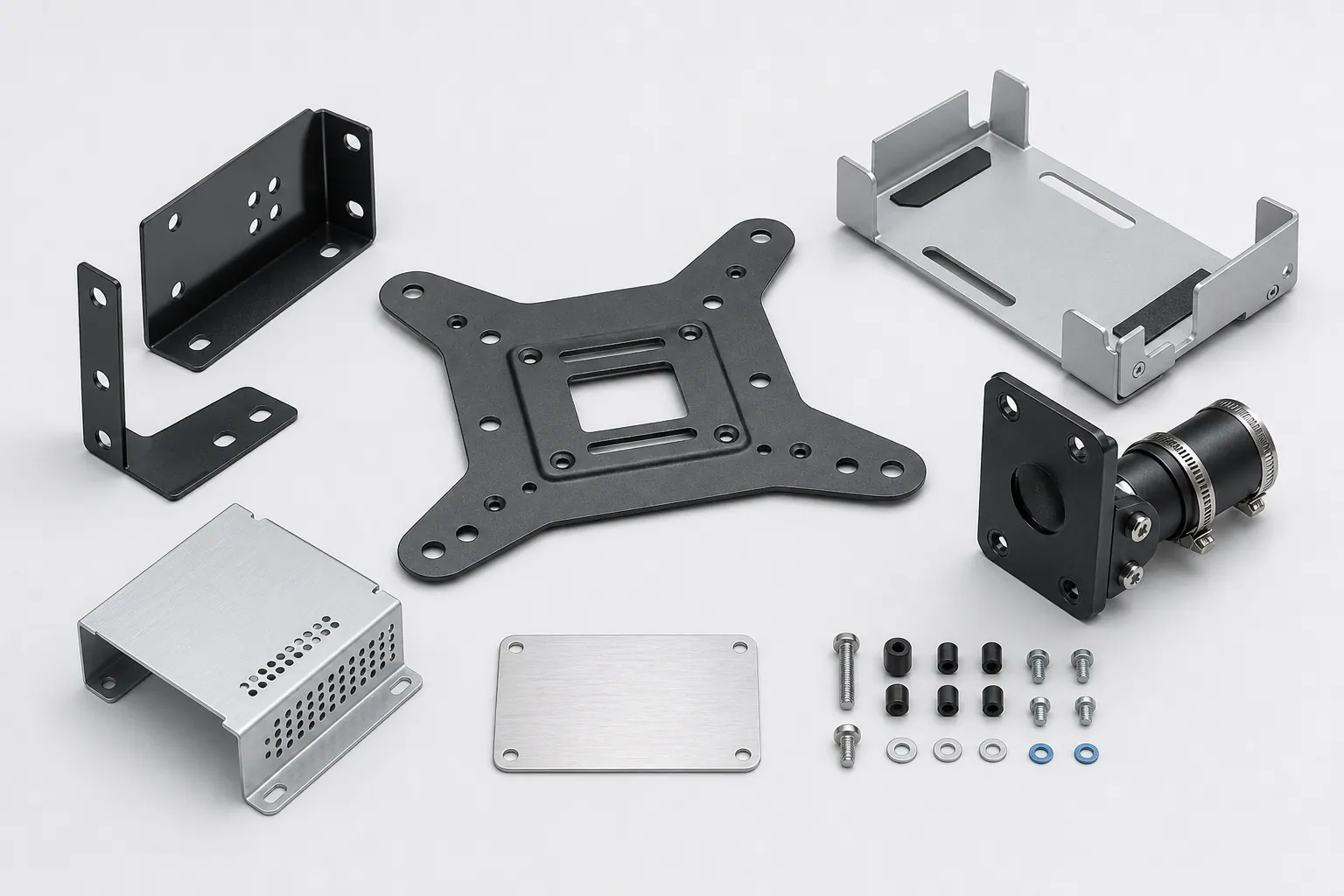 Concept visualization of custom rack ears, adapter plate, mini PC mount, camera bracket, compact enclosure, nameplate, screws and spacers
